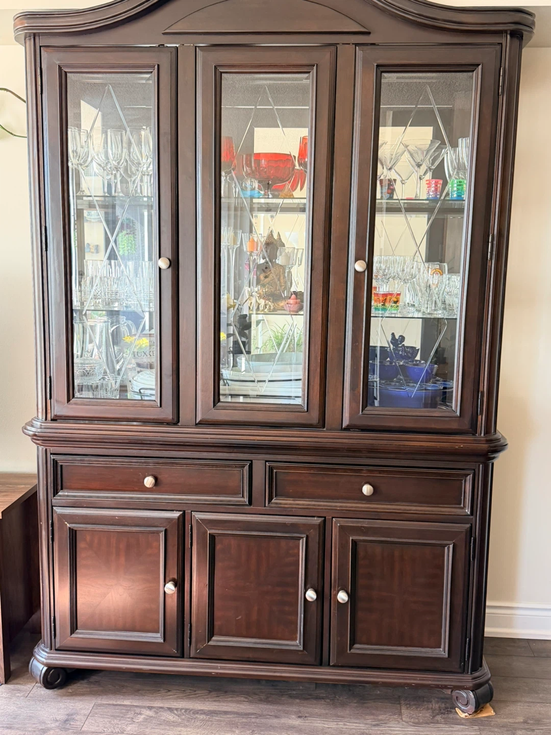 Dark Wood China Cabinet with Glass Doors and Drawers - photo 4
