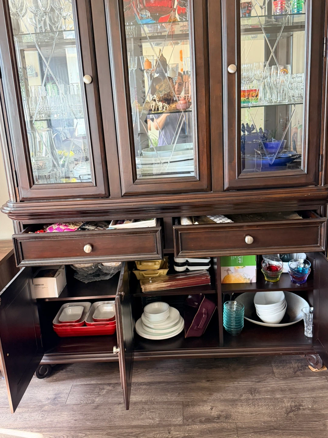 Dark Wood China Cabinet with Glass Doors and Drawers - photo 3