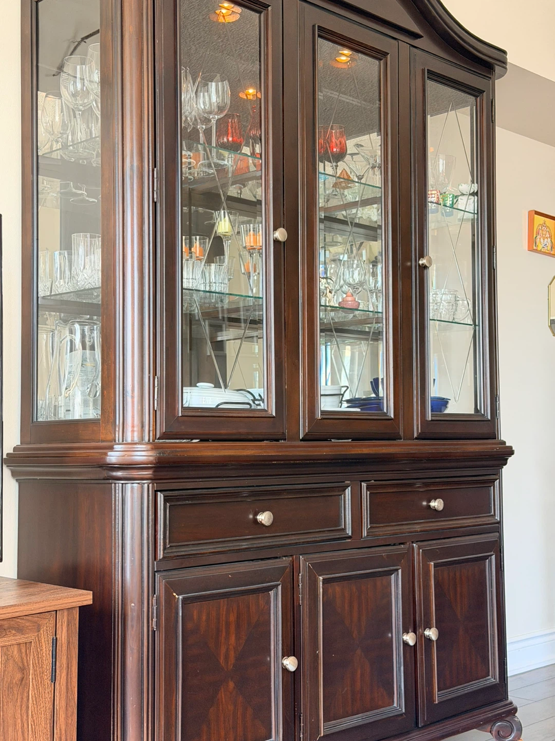Dark Wood China Cabinet with Glass Doors and Drawers