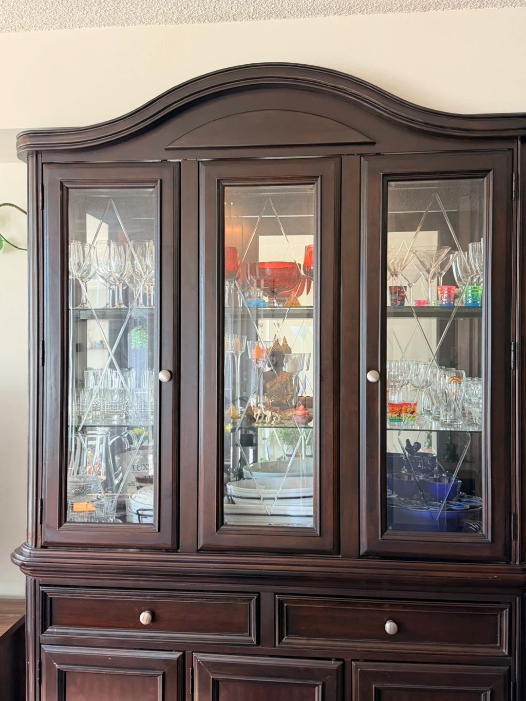 Dark Wood China Cabinet with Glass Doors and Drawers - photo 2