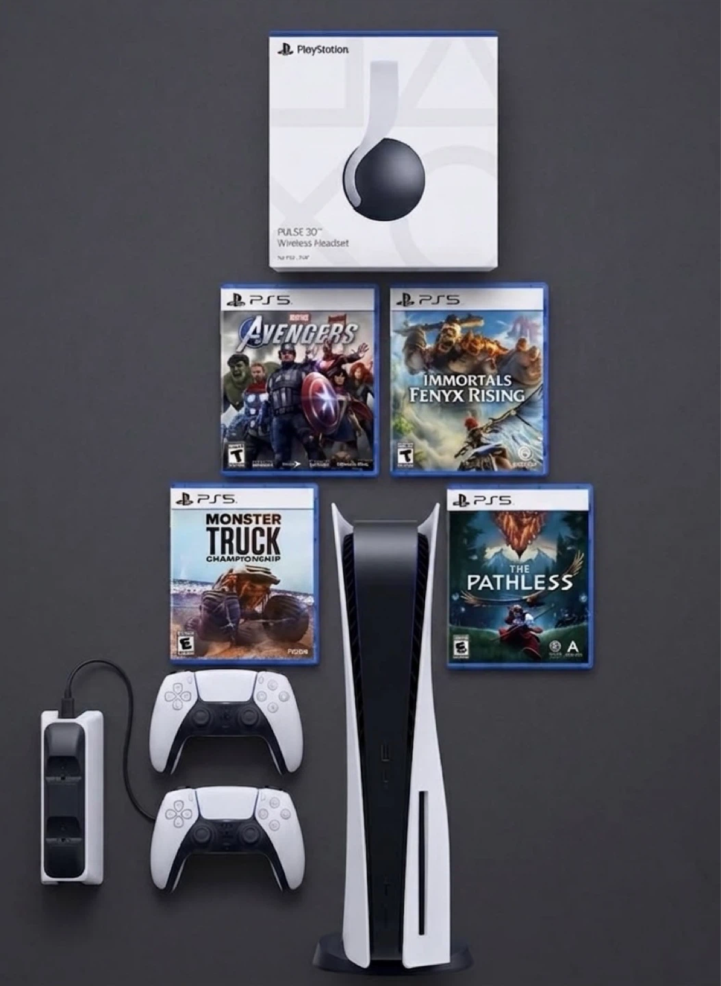 PS5 Disc Edition Bundle - 2 Controllers, Charger, Headset, 4 Gam