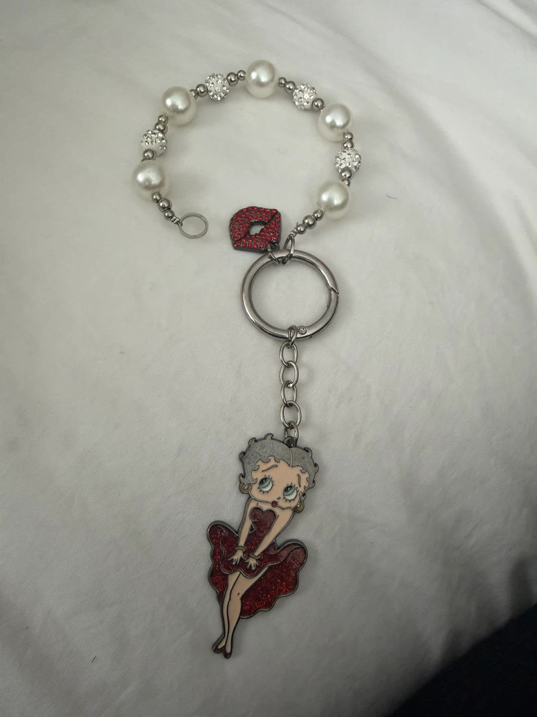 Betty Boop Keychain with Pearls and Rhinestone Lips