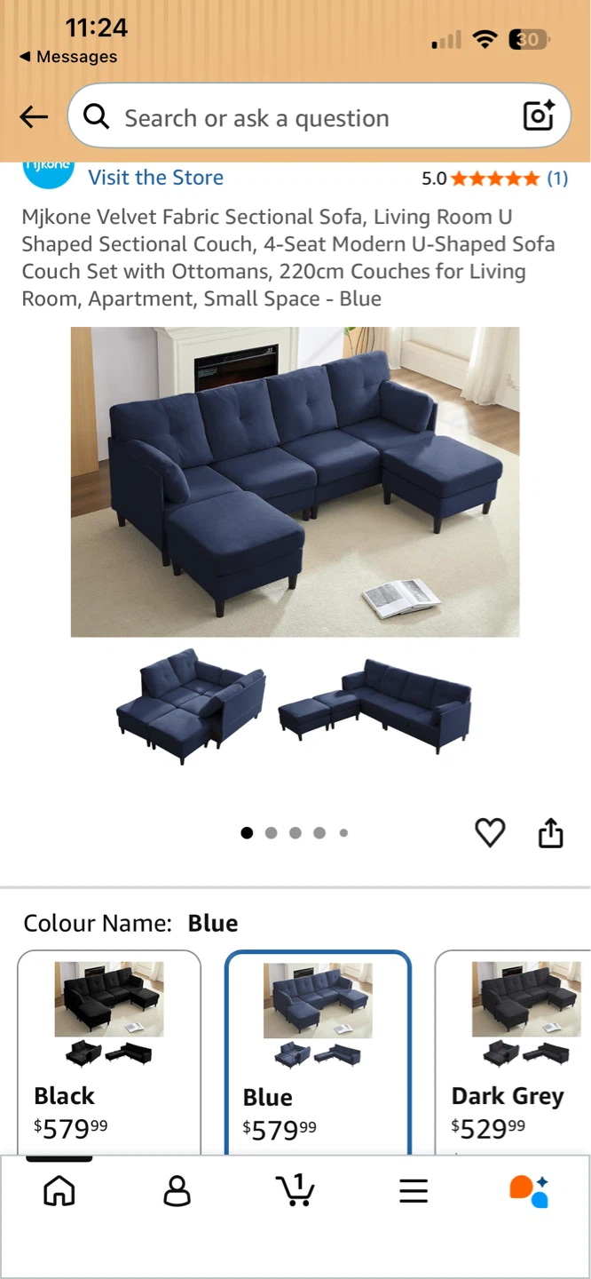Mjkone Velvet Fabric Sectional Sofa - Blue