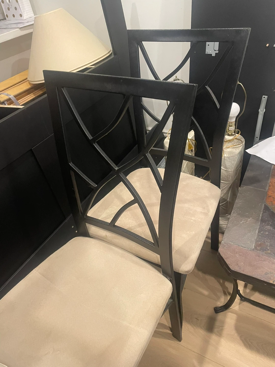Pair of Black Metal Dining Chairs with Beige Upholstery - photo 2