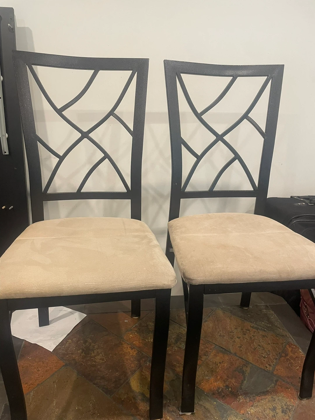 Pair of Black Metal Dining Chairs with Beige Upholstery