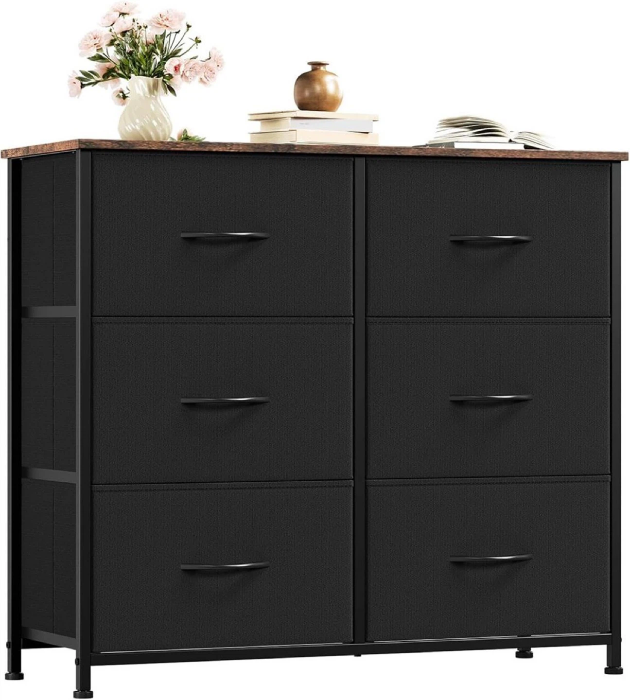 Black 6-Drawer Dresser with Wood Top