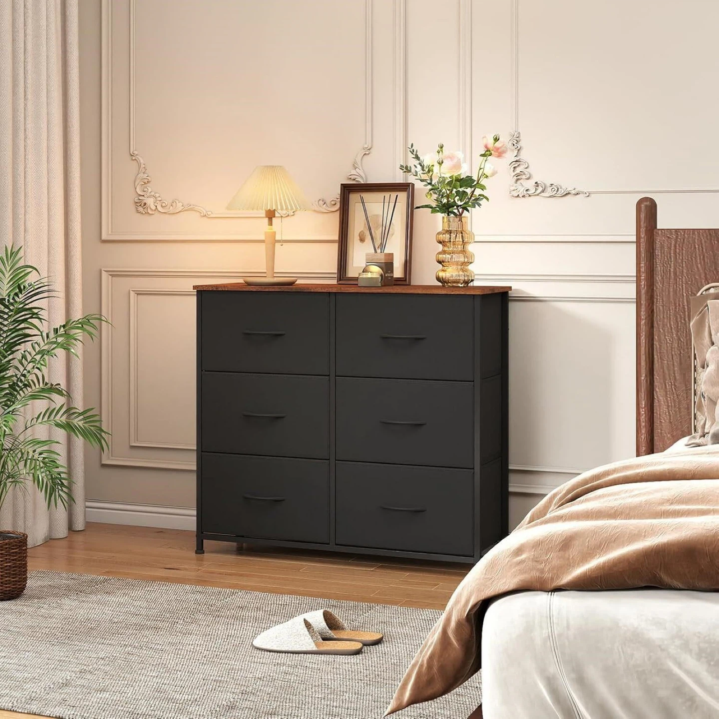 Black 6-Drawer Dresser with Wood Top - photo 2