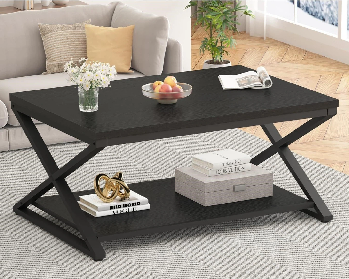 Modern Black Coffee Table with Lower Shelf