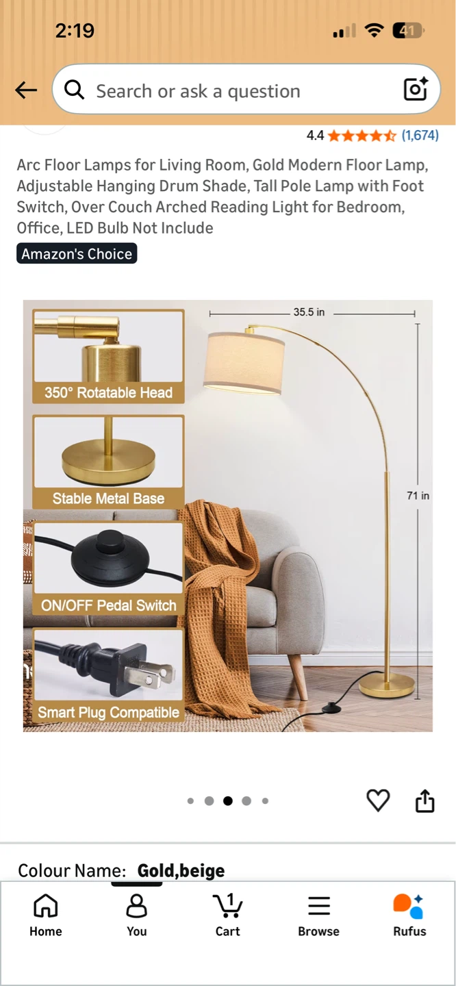 Modern Gold Arc Floor Lamp – Adjustable Hanging Shade - photo 4