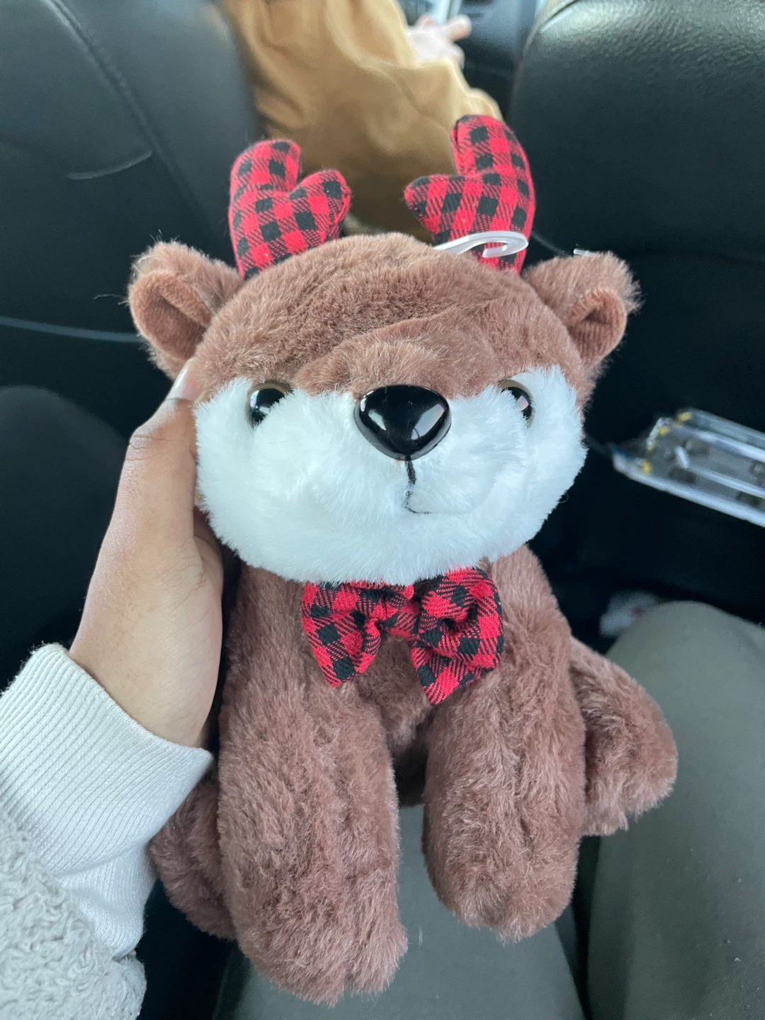 Plush Reindeer with Buffalo Plaid Antlers and Bowtie