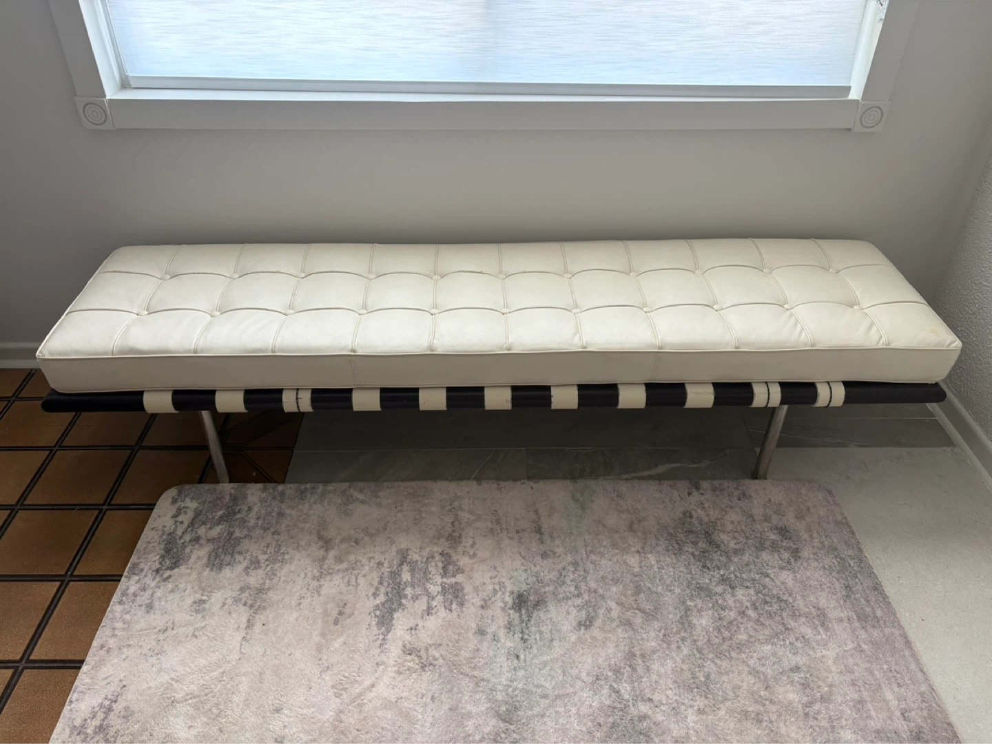 White Tufted Bench with Black and White Striped Upholstery - photo 2