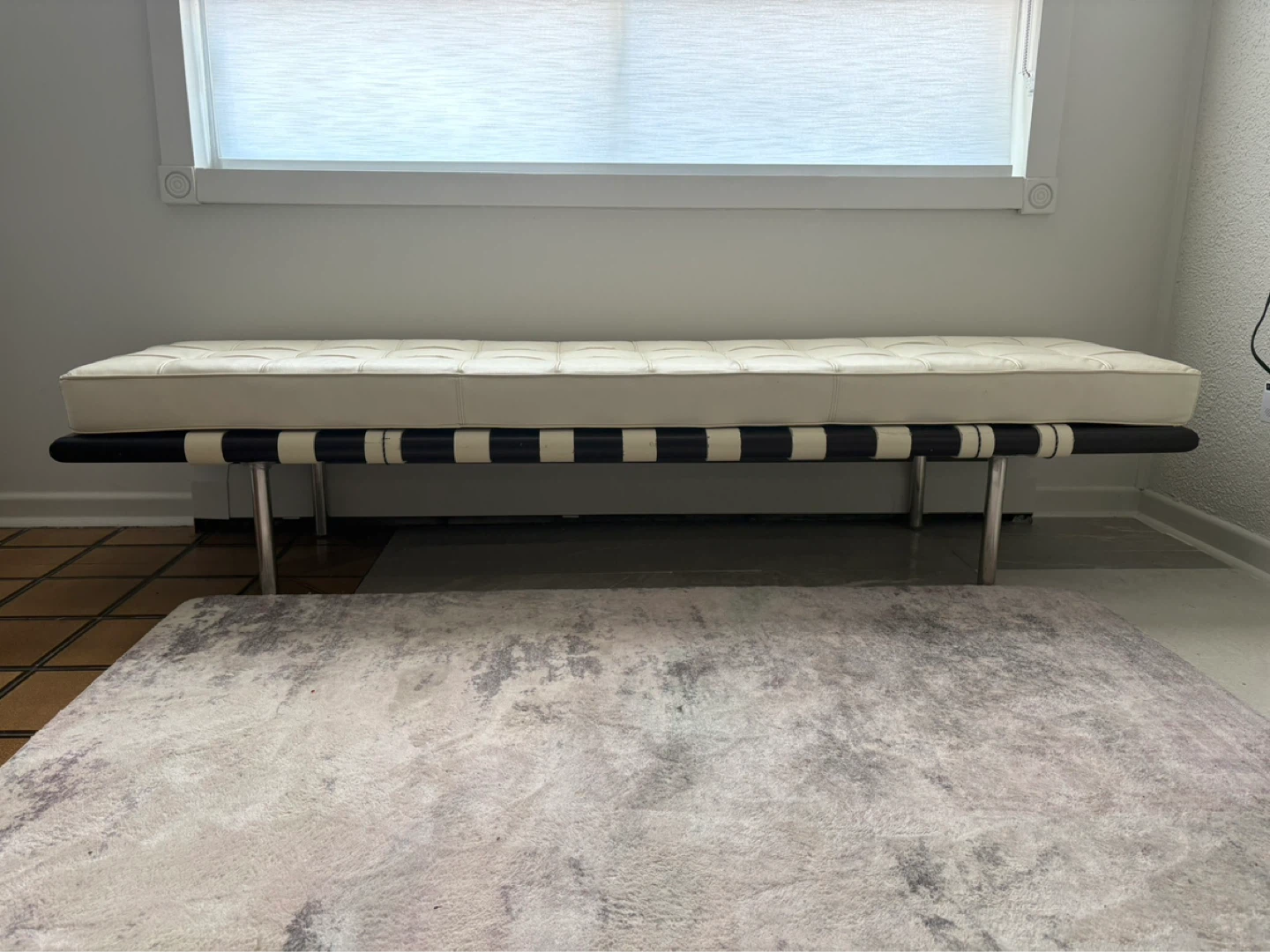 White Tufted Bench with Black and White Striped Upholstery - photo 3