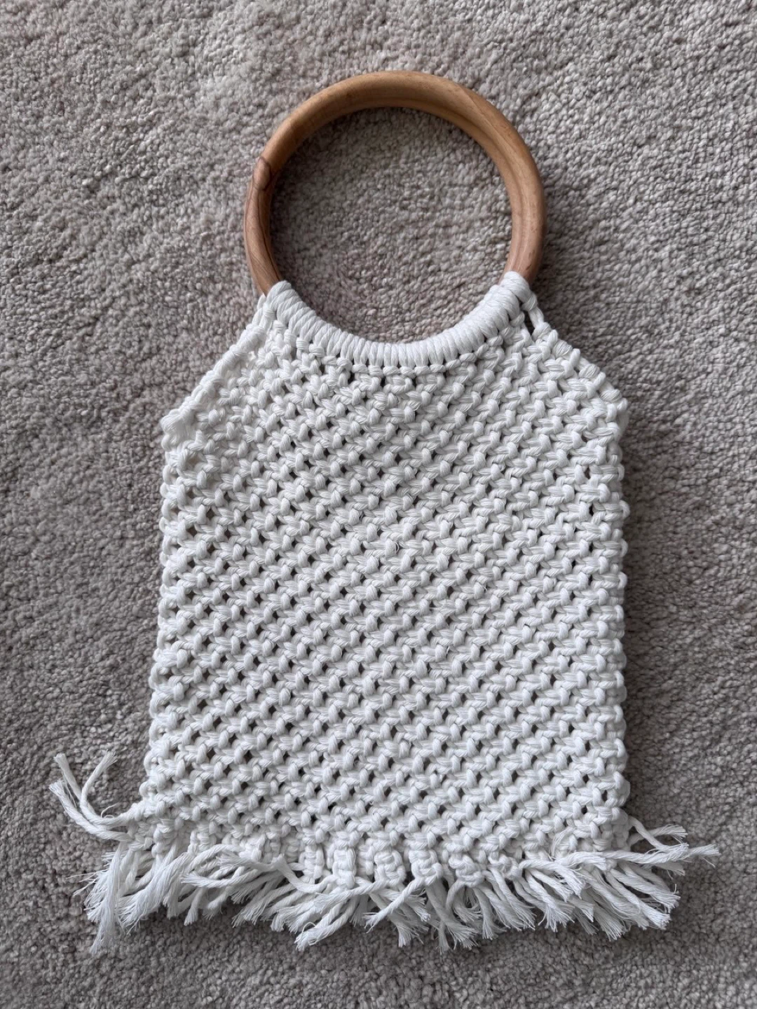 (handmade)White Macrame Tote Bag with Wooden Handles - photo 2