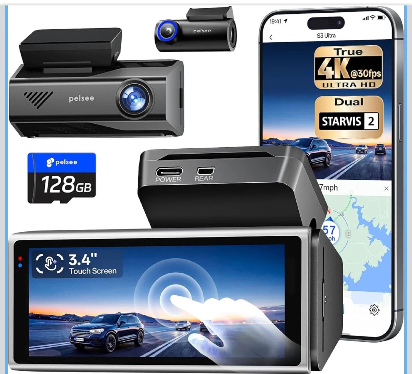 Dual Channel 4K Dash Cam with 128GB Card