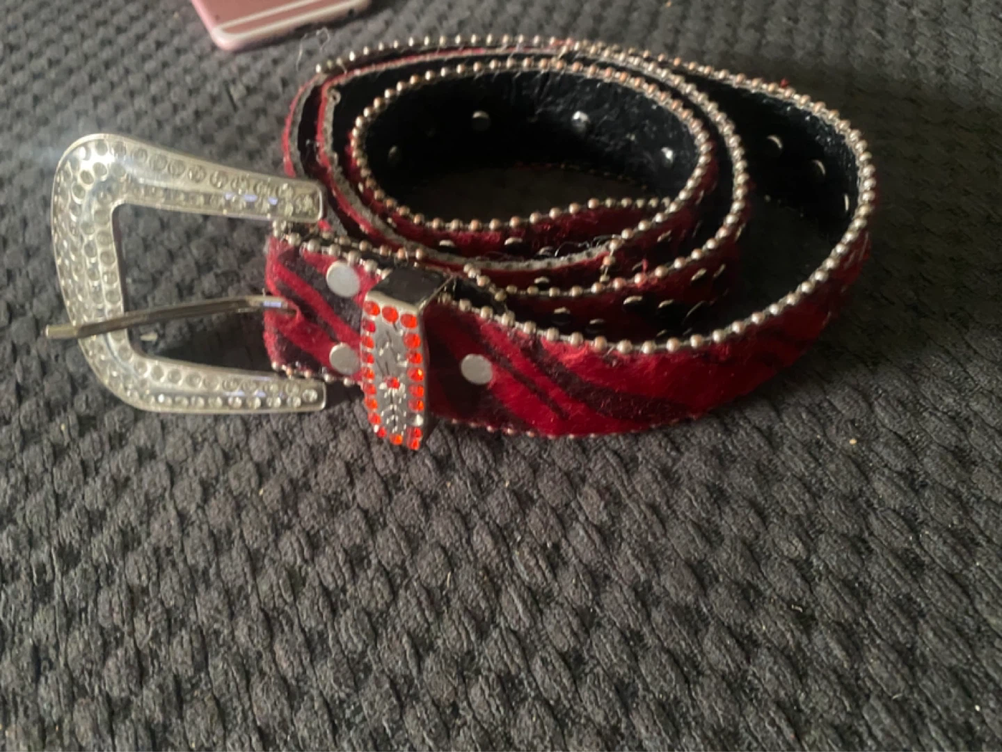 Rhinestone Embellished Red & Black Zebra Print Belt