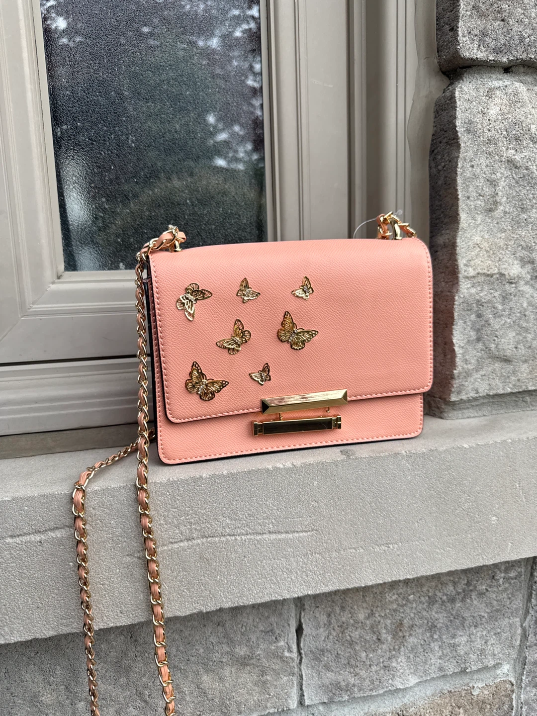 Pink Crossbody Purse with Butterfly Embellishments