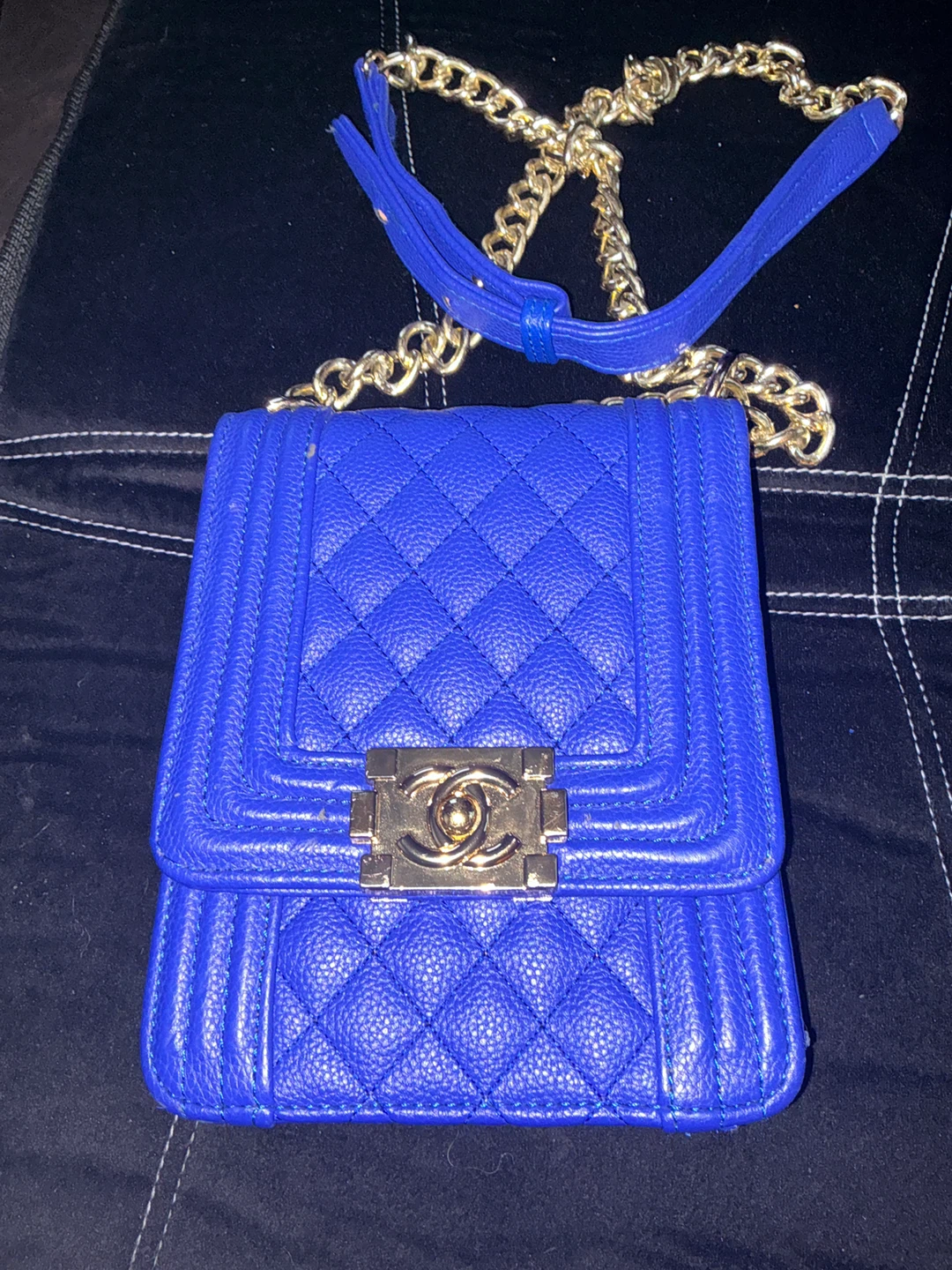 Chanel North South Boy Leather Blue Handbag w/Gold Chain Strap