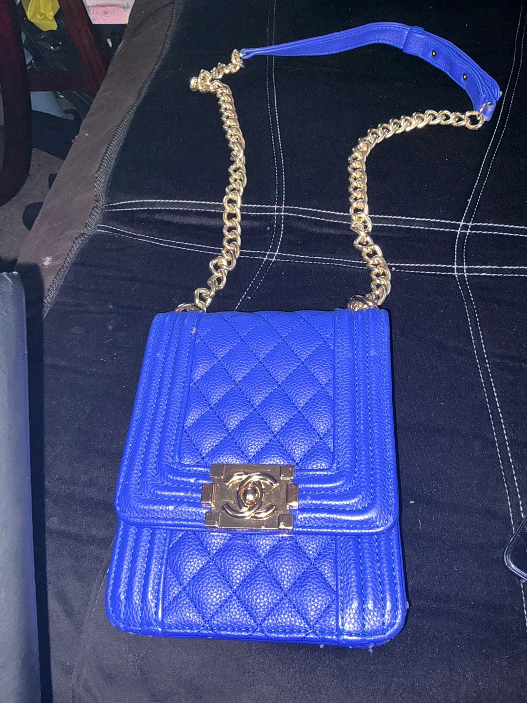 Chanel North South Boy Leather Blue Handbag w/Gold Chain Strap - photo 2