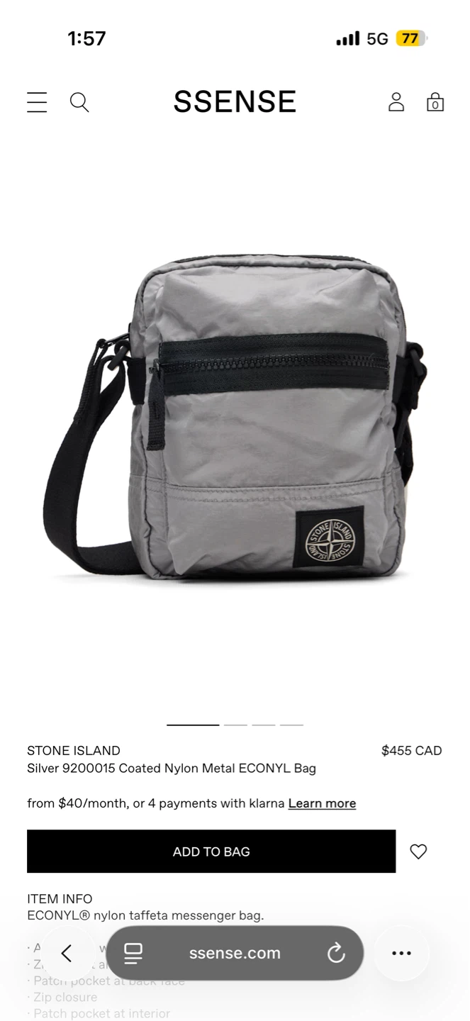 Stone Island Silver Coated Nylon Metal ECONYL® Bag