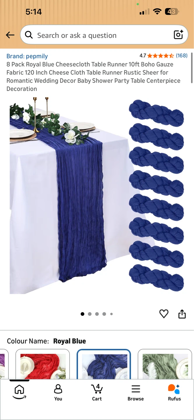 NEW!  8 Pack Royal Blue Cheesecloth Table Runner 10ft