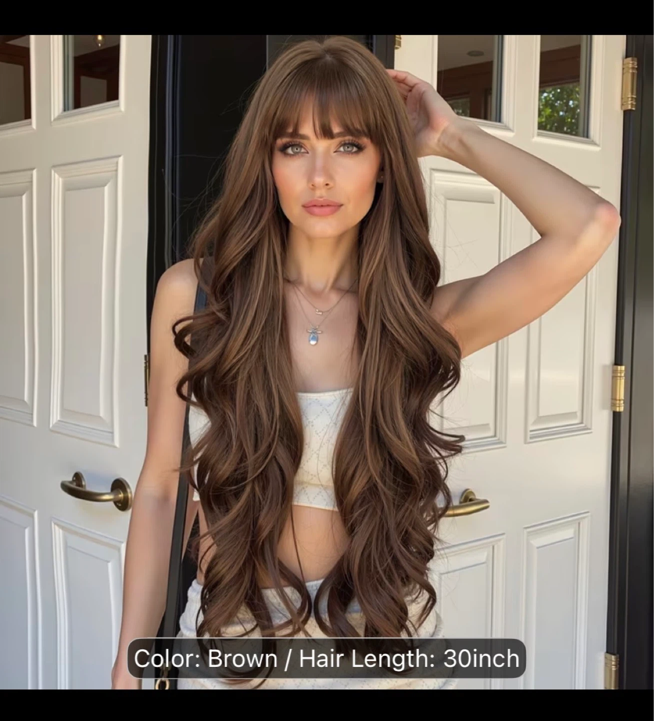 Brown 30-inch Long Wavy Wig with Bangs - photo 4