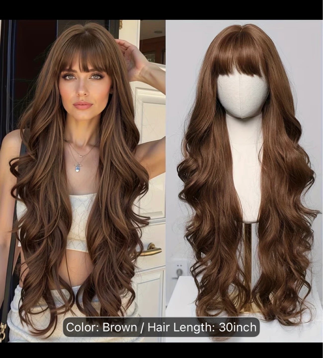 Brown 30-inch Long Wavy Wig with Bangs