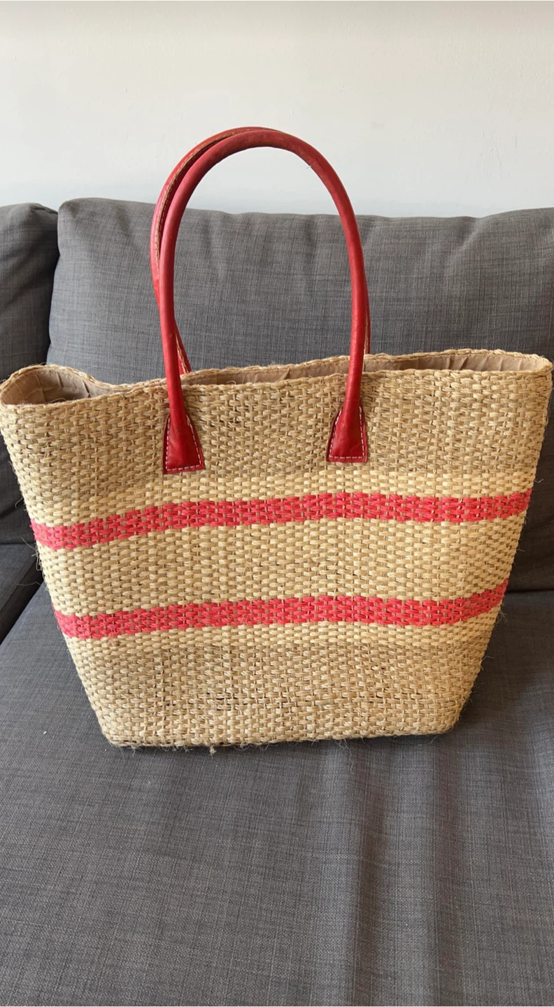Straw Beach Tote Bag with Red Handles