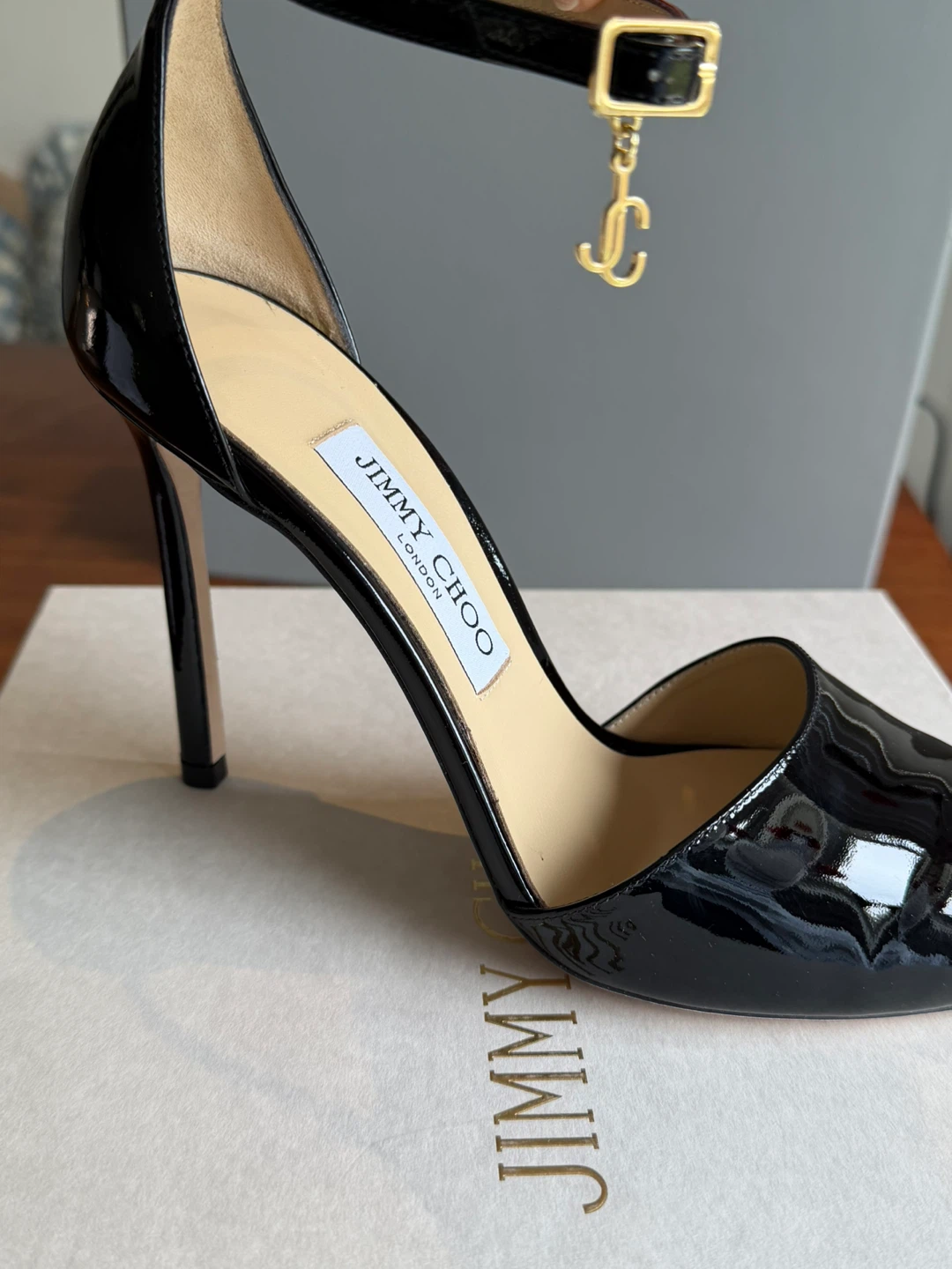 Jimmy Choo Black Patent Leather Ankle Strap Heels