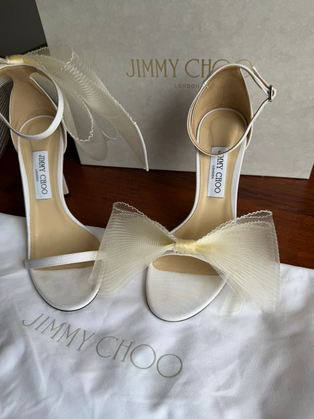 Jimmy Choo White Tulle Bow Heeled Sandals