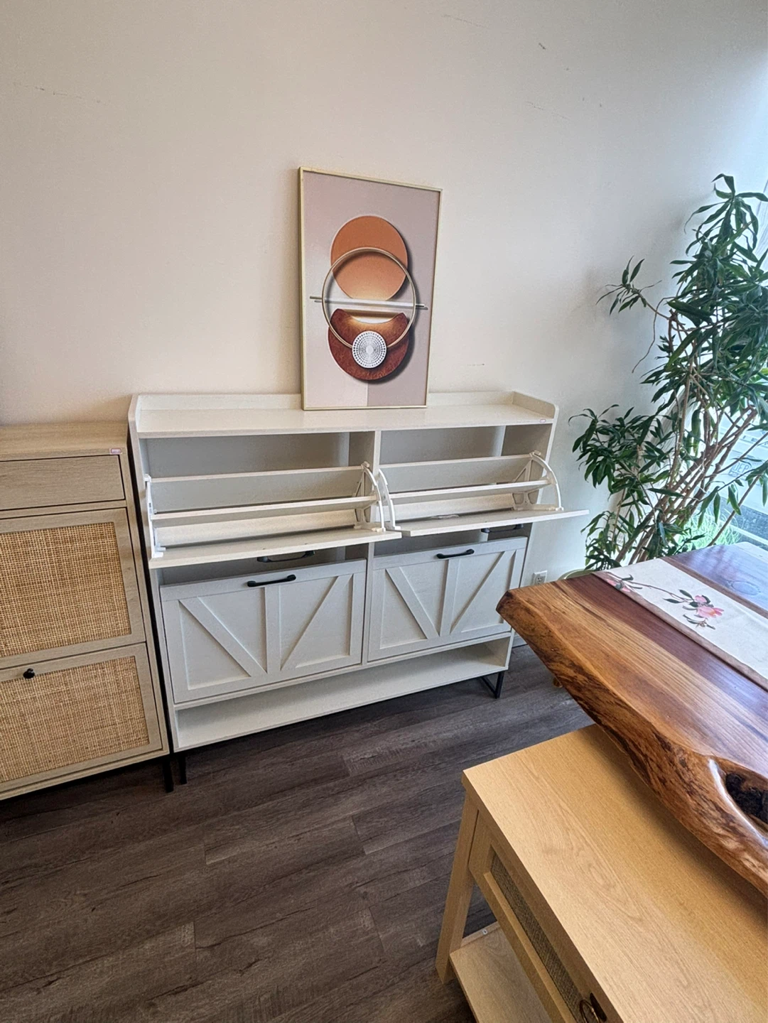 White Two-Door Shoe Cabinet with Flip Drawers