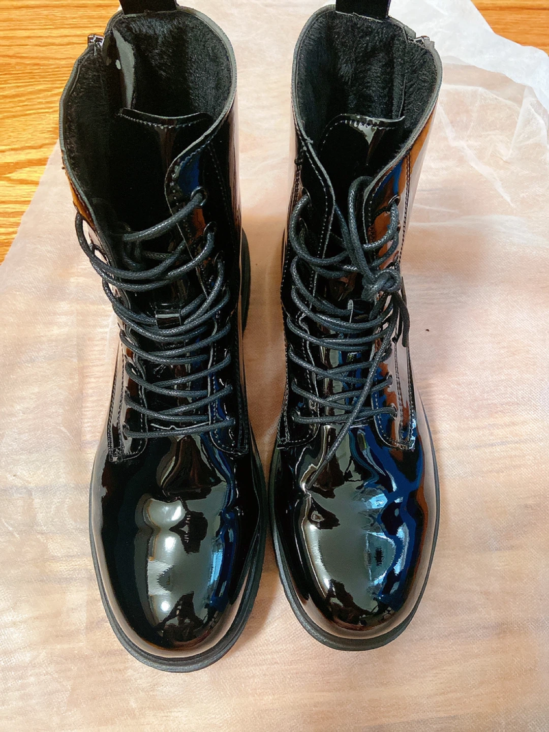 Black Patent Combat Boots with Side Zippers