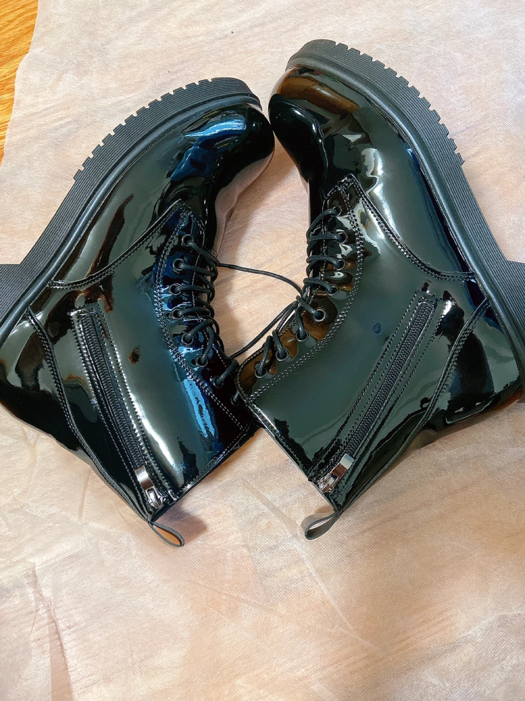 Black Patent Combat Boots with Side Zippers - photo 4
