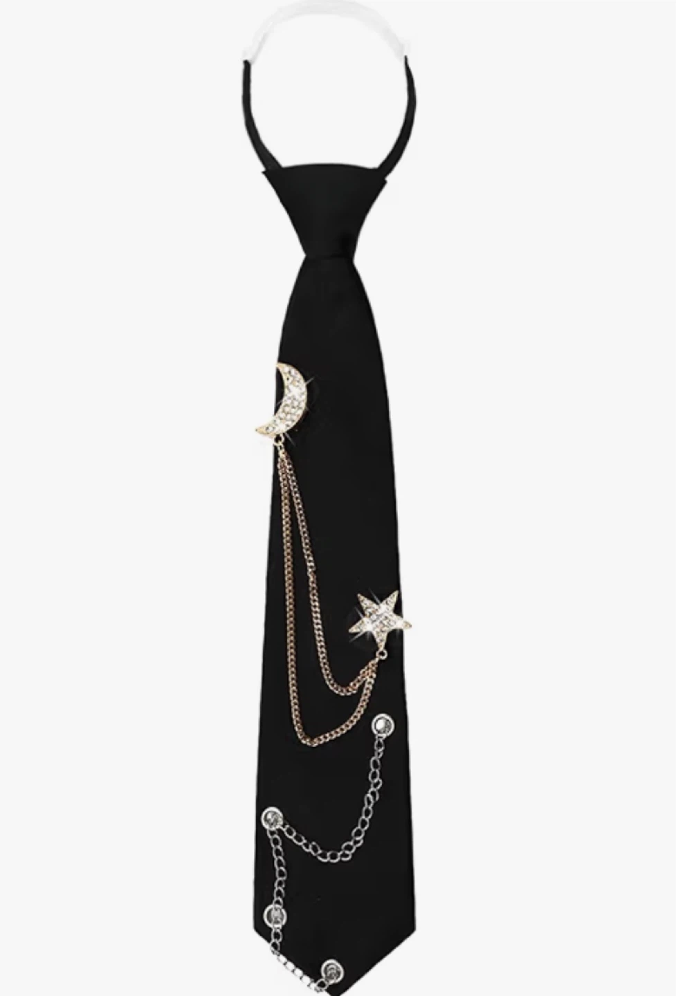 Black Pre-Tied Tie with Moon and Star Charm Chain