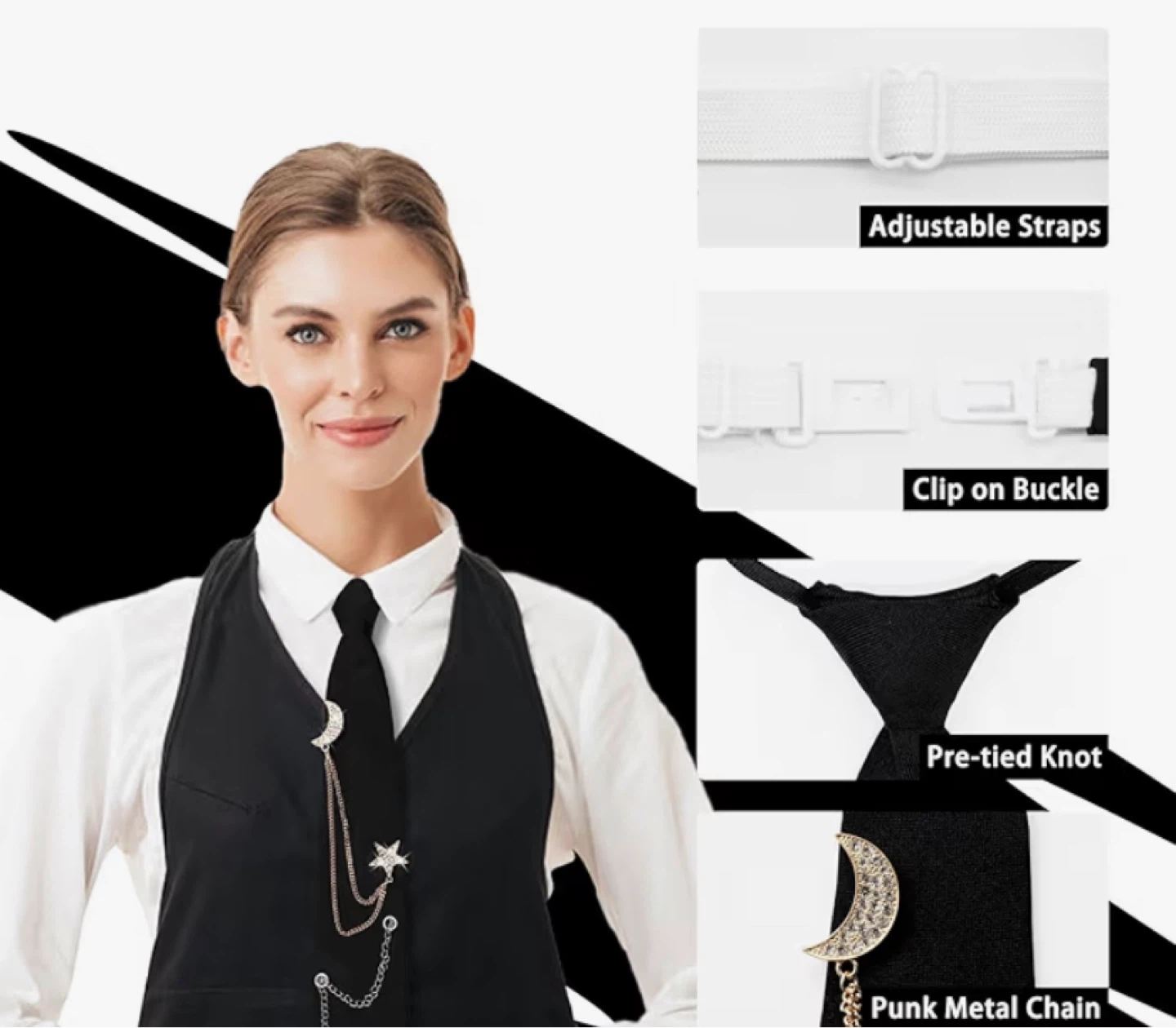 Black Pre-Tied Tie with Moon and Star Charm Chain - photo 2