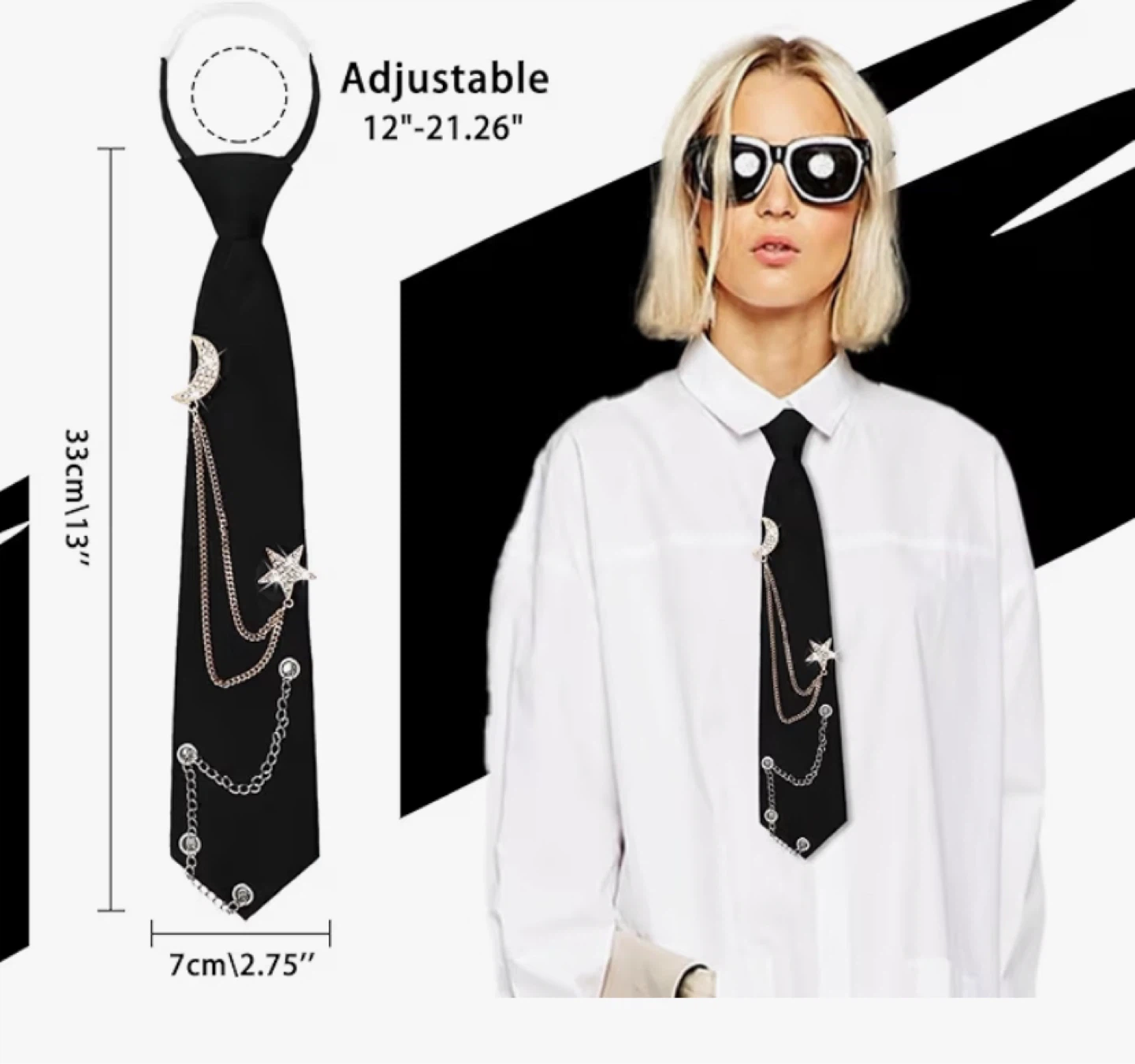 Black Pre-Tied Tie with Moon and Star Charm Chain - photo 3