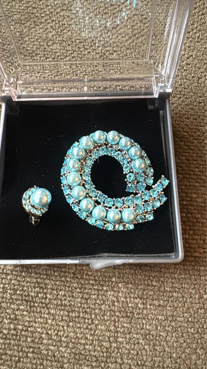 Blue Pearl and Rhinestone Brooch and Earring Set - photo 3