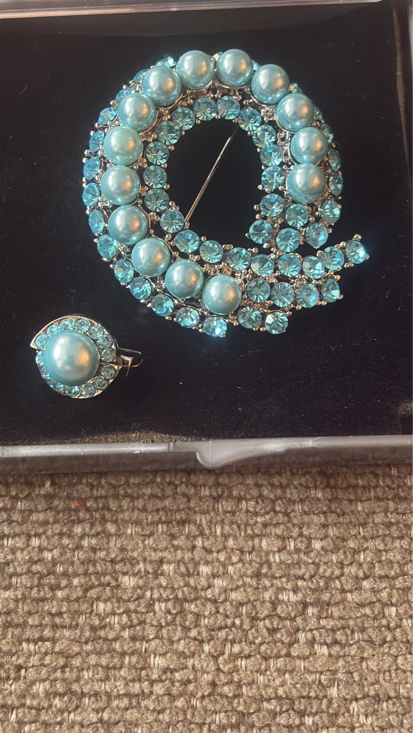 Blue Pearl and Rhinestone Brooch and Earring Set - photo 2