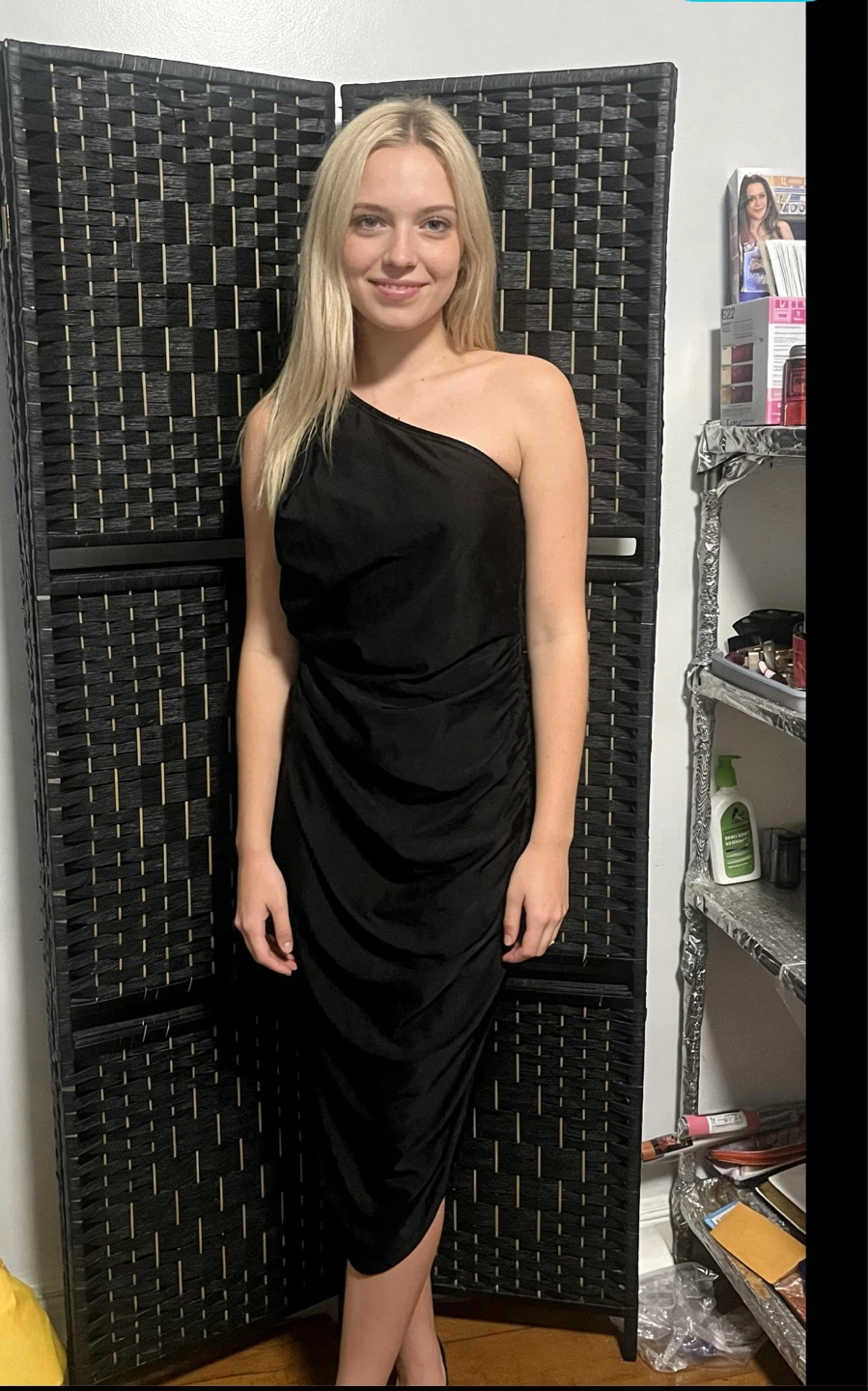 Women's Black One Shoulder Ruched Midi Dress