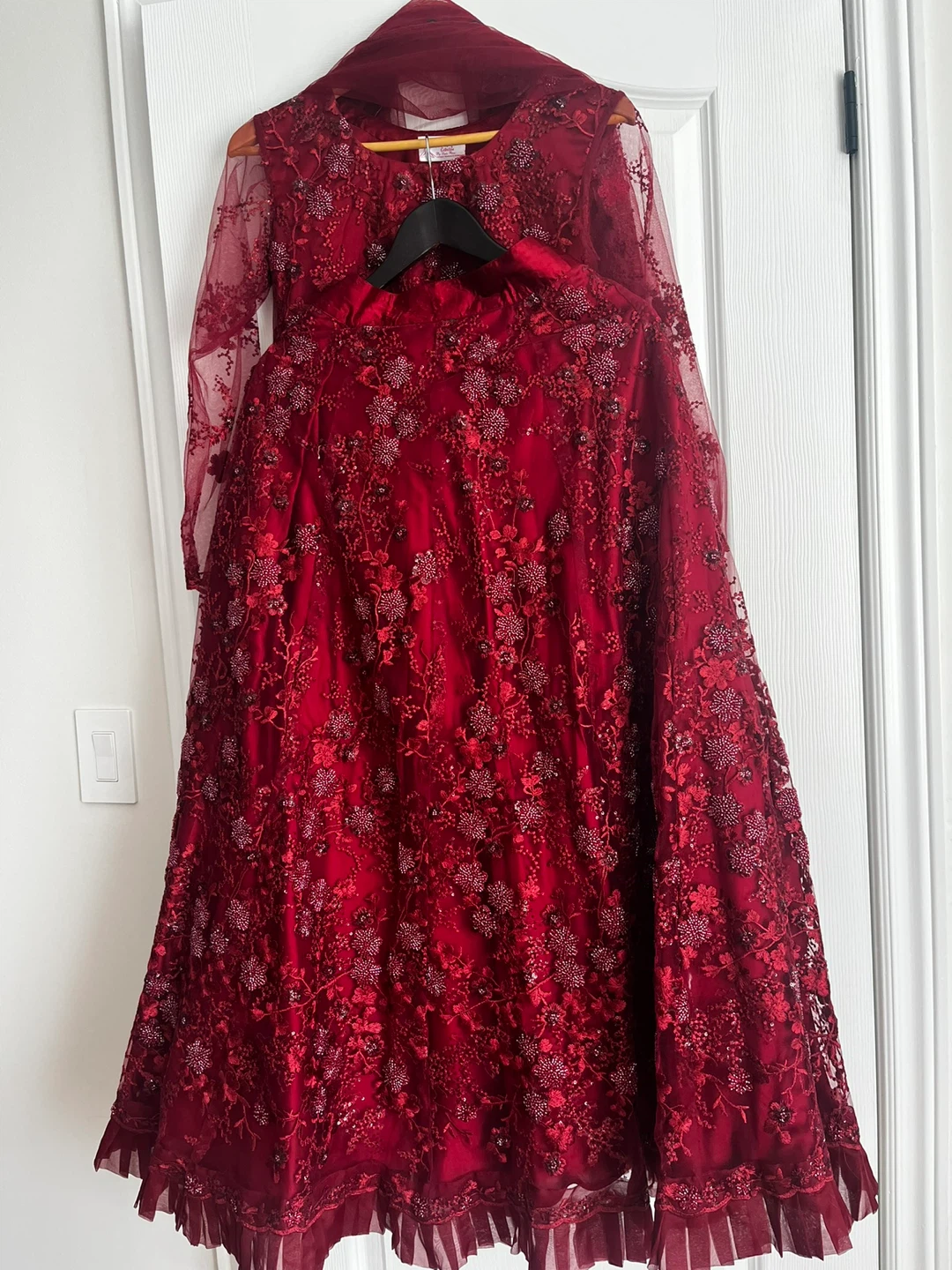 Ruby red lace lehnga dress small