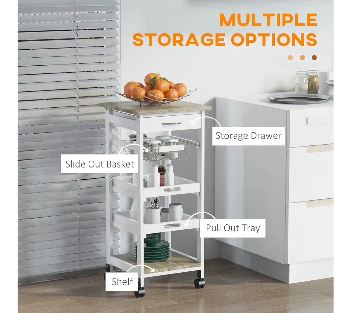 White Kitchen Cart with Drawer and Shelves - photo 3
