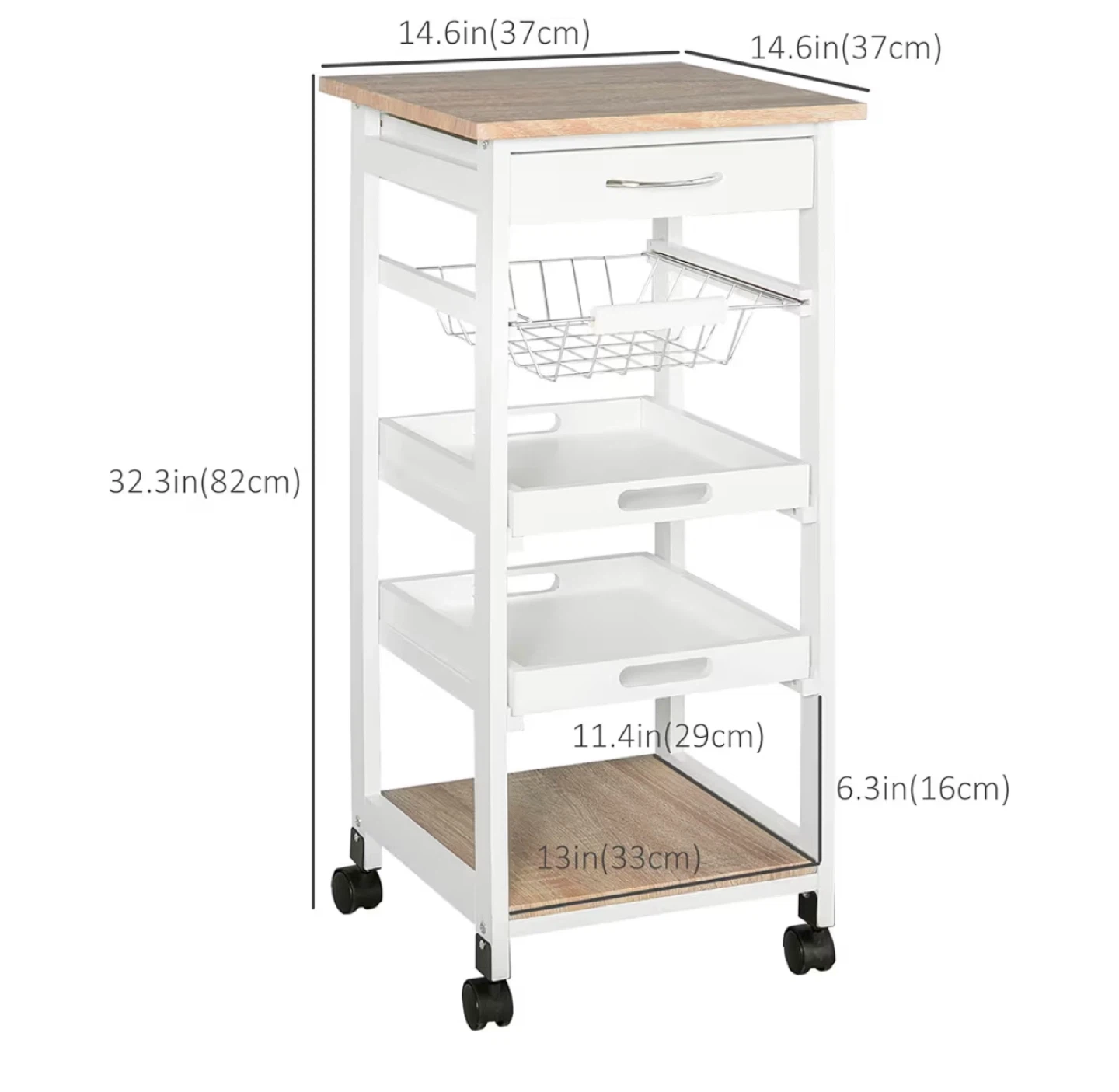 White Kitchen Cart with Drawer and Shelves