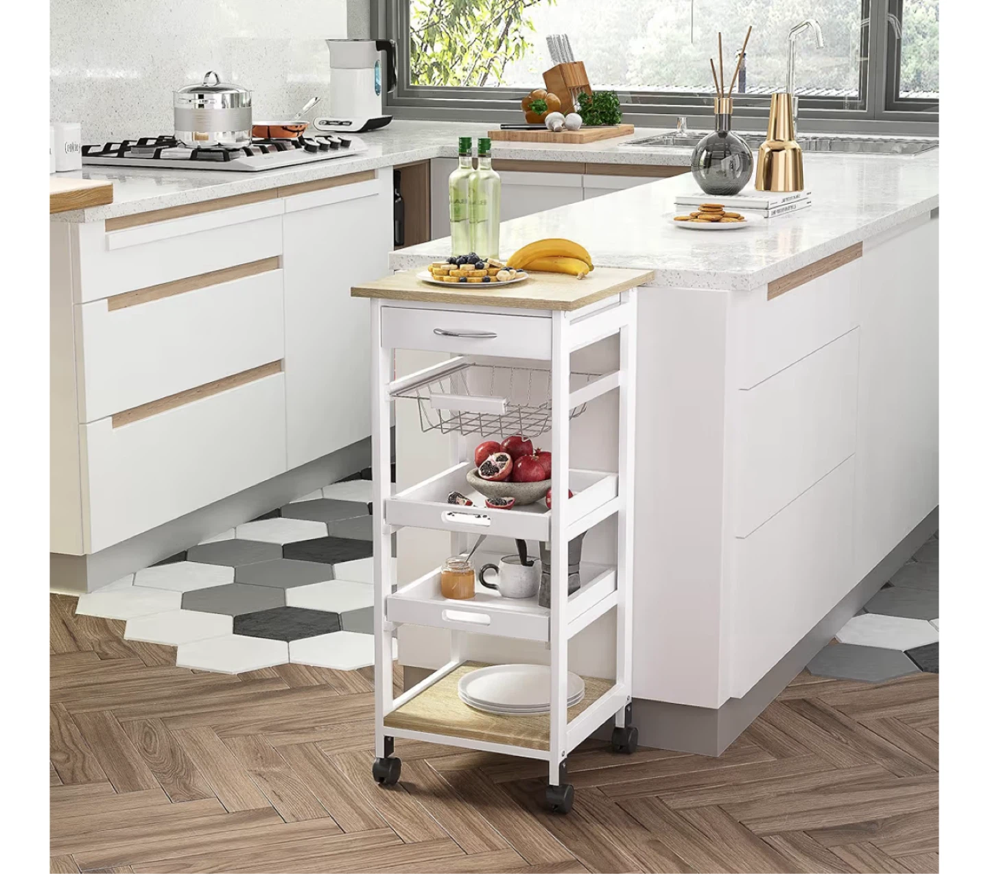 White Kitchen Cart with Drawer and Shelves - photo 2