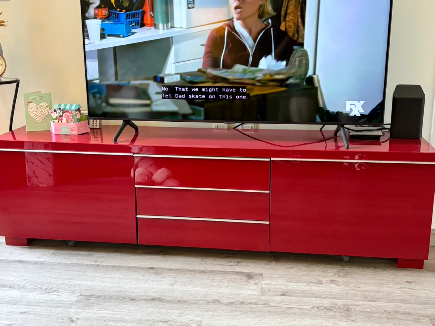 Red Media Console with Drawers and Cabinet Storage