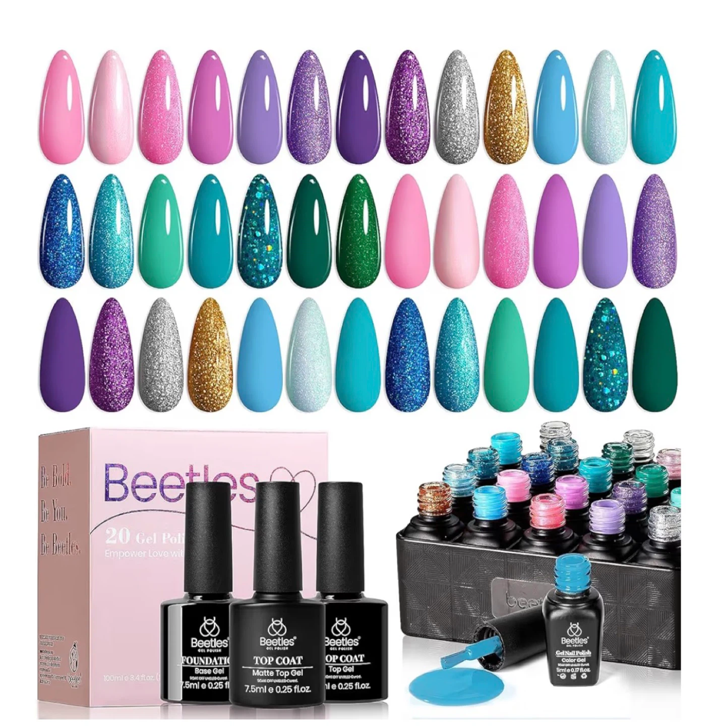 Beetles Gel Polish 20 Colours Nail Art Glitter Set with Brushes - photo 3