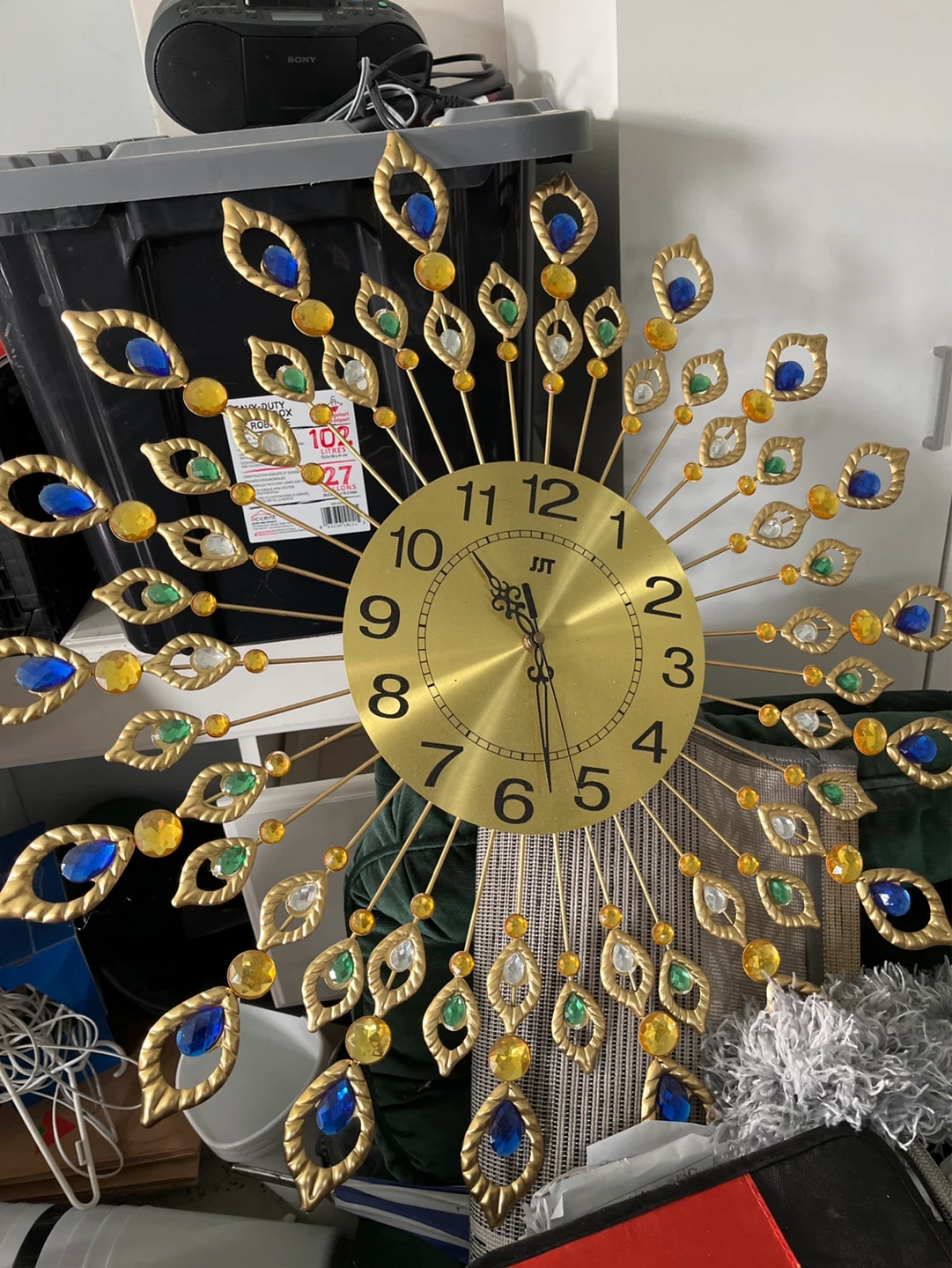 Gold Peacock Wall Clock with Blue, Green, and Yellow Gems