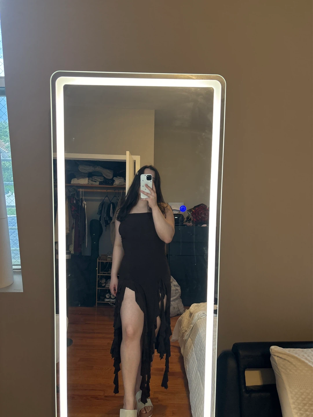 Brown Strapless Ruffled Slit Maxi Dress