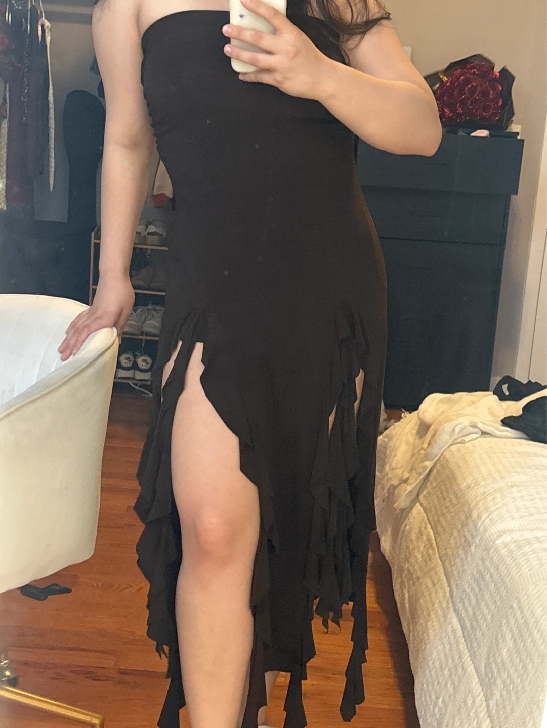 Brown Strapless Ruffled Slit Maxi Dress - photo 3