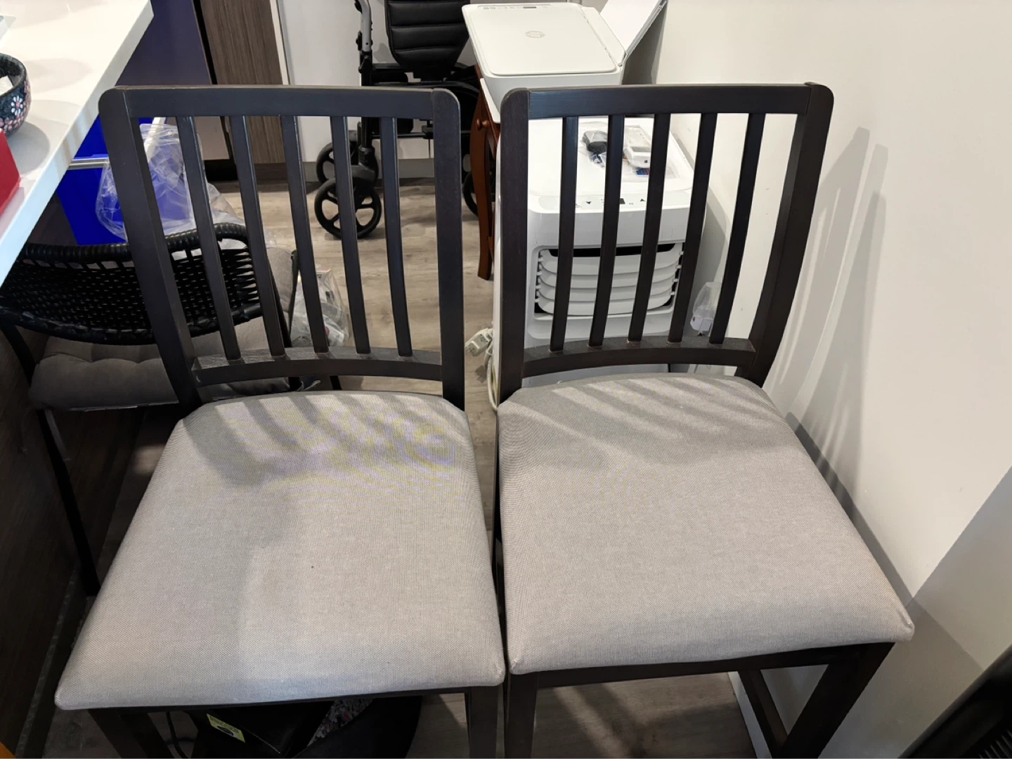 Set of 2 Dark Wood Dining Chairs with Grey Upholstered Seats
