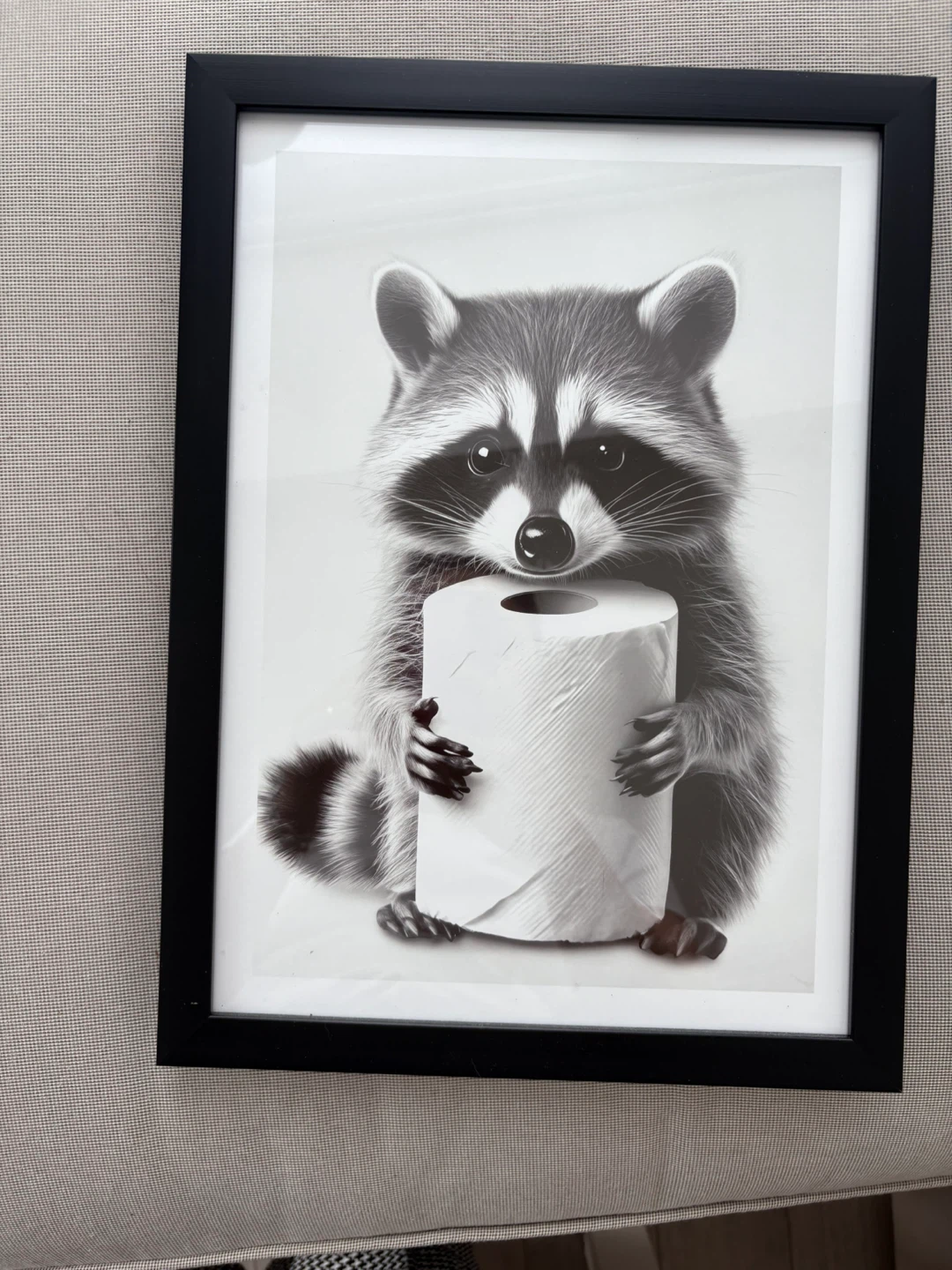 Framed Cute Raccoon Toilet Paper Wall Art Print