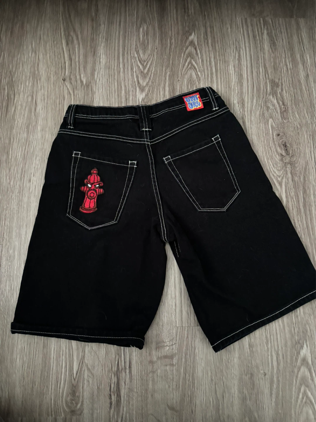 Empyre Black Denim Shorts with Fire Hydrant Embroidery - photo 2